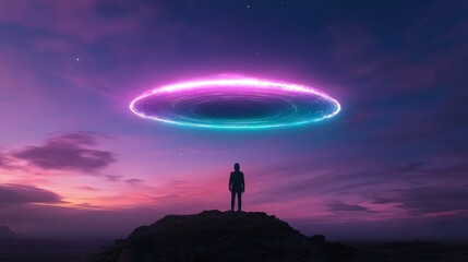 Aufkleber - Futuristic Sci-Fi Aesthetic Silhouette on Rocky Outcrop with Neon UFO in Vivid Desert Sky - Immersive Visuals for Digital Marketing and Entertainment Design