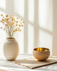 Canvas Print - Natural Serenity Decor Minimalist Wooden Tibetan Singing Bowl with Ceramic Vase and Dried Flowers - Holistic Wellness Content and Sustainable Home Styling