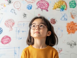 Aufkleber - Contemporary Classroom Creativity Engaged Asian Female Student in Glasses Amidst Colorful Math Art on Whiteboard - Enhancing Interactive Learning and Academic Success