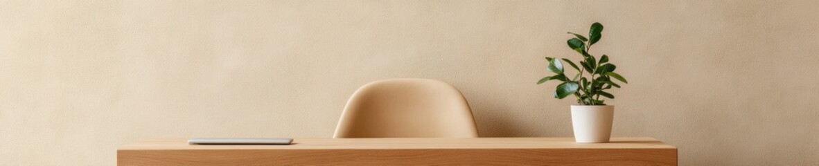 Aufkleber - Minimalist Office Aesthetic Wooden Desk with Indoor Plant in Neutral Workspace - Contemporary Design for Modern Productivity and Eco-Friendly Corporate Branding