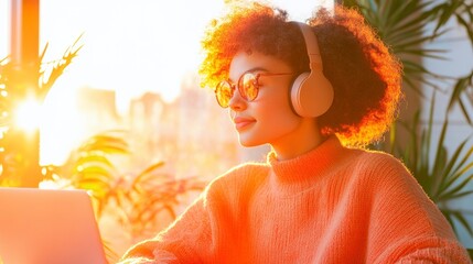 Aufkleber - Vibrant Digital Learning Workspace Afro-American Woman in Cozy Knit with Laptop and Headphones - Engaging Online Education Content for Remote Learning and Student Productivity