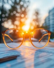 Aufkleber - Sunset Reflections in Minimalist Workspace Transparent Glasses with Autumn Tint on Paper - Contemporary Office Decor and Productivity Enhancement