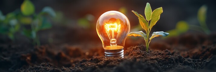 Aufkleber - Eco-Innovation Display Illuminated Lightbulb in Nutrient-Rich Soil with Sprouting Plant - Sustainable Technology Content and Green Energy Marketing Visual
