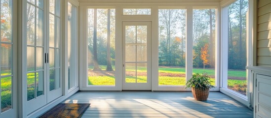 Wall Mural - Sunlit Screened Porch Sunroom Featuring Door and Lush Greenery with Clear Space for Text or Branding