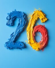 Fototapete - Dynamic Textural Typography Vibrant Paint-Stroked 26 on Blue Canvas for Creative Marketing and Visual Storytelling in Art and Design Industries