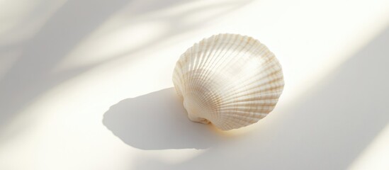 Wall Mural - Delicate sea shell resting on a white background with soft shadows highlighting its intricate textures and natural beauty.