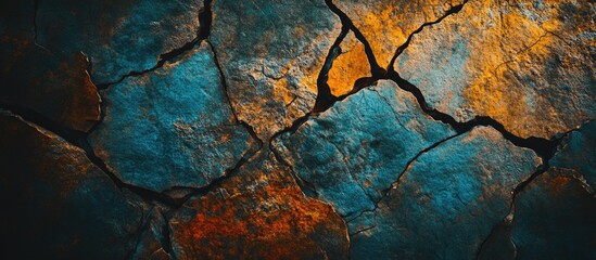 Poster - Cracked rock stone texture featuring abstract colors in shades of blue, orange, and gold for artistic backgrounds and designs.