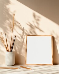 Fototapete - Minimalist Learning Display Eco-conscious Cork Tablet with Stylus and Art Supplies in Sunlit Setting - Innovative Educational Content for Sustainable Study Environments