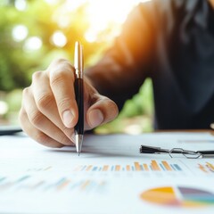 Fototapete - Modern Professional Workspace Hands Analyzing Financial Graphs on Eco-Friendly Desk - Data Strategy for Business Growth and Decision-Making in Corporate Finance