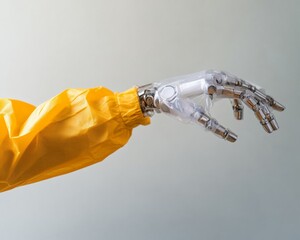 Aufkleber - Futuristic Medical Care Transparent Prosthetic Arm in Yellow Safety Gear - Innovative Healthcare Imagery for Modern Awareness and Hospital Campaigns