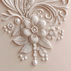 Canvas Print - Elegant 3D Render of White Flowers and Pearls on Beige Background