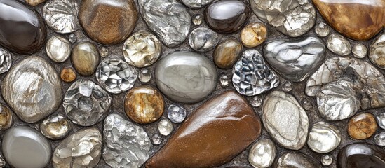 Sticker - Natural river stones texture with round stones in various colors creating a seamless wall pattern for backgrounds and design projects