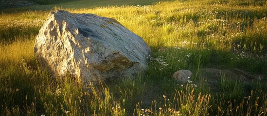 Poster - Sunlit rock in a vibrant grassy field during golden hour showcasing natural beauty and tranquility in a serene outdoor setting.