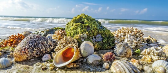 Wall Mural - Rocks on a beach adorned with green lichen barnacles and various seashells under a bright blue sky and gentle ocean waves