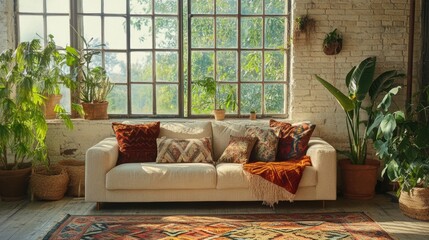 Wall Mural - Cozy bohemian interior with a rustic sofa and lush plants creating a warm and inviting atmosphere in natural light