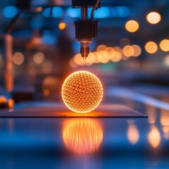 Fototapete - Digital Fabrication Aesthetic Illuminated Sphere on Sleek Workbench - Advanced Prototyping Tech for Modern Makerspaces and Innovation-Driven Manufacturing Solutions