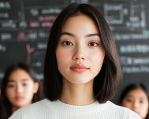 Aufkleber - Interactive Classroom Dynamics Asian Female Educator Engaging Diverse Students with Math on Chalkboard - Innovative Teaching Techniques and Collaborative Learning for Modern Education