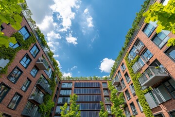 Aufkleber - Urban Eco-Living Sustainable Brick Building with Solar Panels and Green Roofs - Smart City Development and Energy-Efficient Architectural Trends