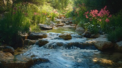 Poster - Tranquil Sacred Spring River Surrounded by Vibrant Flora in a Serene Natural Setting