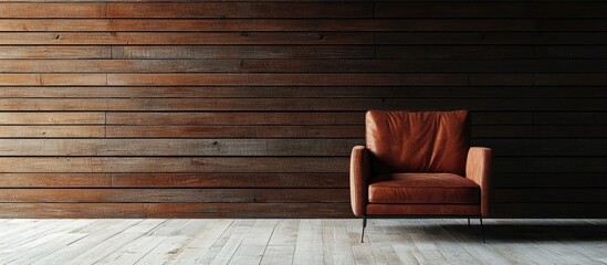 Wall Mural - Rustic wood shiplap wall featuring modern leather armchair and spacious layout ideal for text placement in a contemporary setting