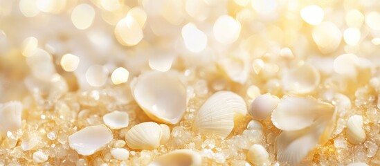 Wall Mural - Beach sand texture with seashells illuminated by soft sunlight creating a warm and inviting coastal atmosphere