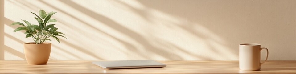 Aufkleber - Serene Minimalist Workspace Wooden Desk with Laptop and Ceramic Mug - Enhancing Well-being and Focus in Modern Home Offices