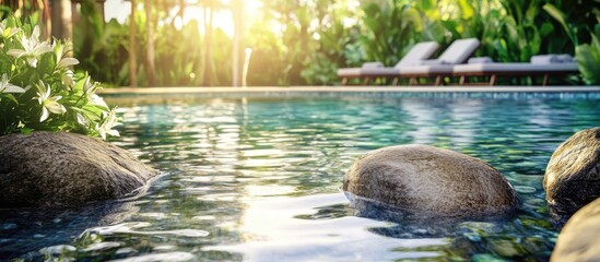 Canvas Print - serene swimming pool with clear water ripples surrounded by lush greenery and stones illuminated by sunlight