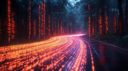 High speed data transmission concept with neon light trails and binary code