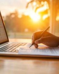 Aufkleber - Minimalist Financial Planning Modern Home Office Setup with Sunlit Laptop and Hands Managing Budget - Streamlined Personal Finance Content and Digital Productivity Tools