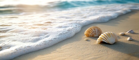 Canvas Print - Rippling waves and seashells on sandy beach capturing the tranquil beauty of coastal nature and tide effects.