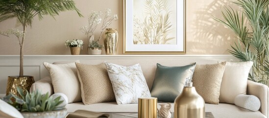 Wall Mural - Elegant living room interior featuring a marble-framed artwork, neutral color palette, and lush green plants for a sophisticated ambiance.