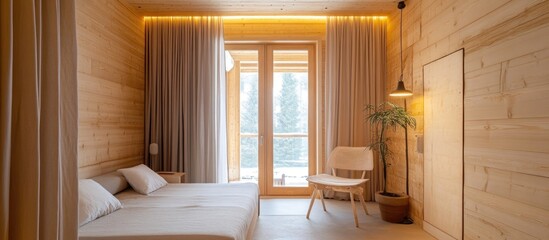 Wall Mural - Cozy wooden bedroom interior featuring natural light and stylish decor elements for a serene atmosphere