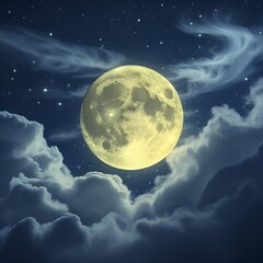 Wall Mural - The full moon is illuminating the night sky, illuminating clouds and stars, creating a captivating atmosphere.