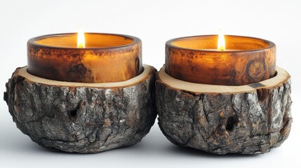 Wall Mural - Rustic wooden candle holders with glowing candles showcased on a white background highlighting natural beauty and warmth.