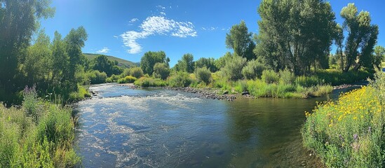 Poster - Serene river landscape on a clear summer day surrounded by lush greenery and bright blue skies showcasing nature's tranquility.