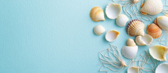 Wall Mural - Seashells and strings arranged creatively on a blue paper background for a summer-themed design concept or beach inspiration.