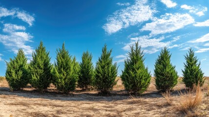 Poster - Panoramic view of evergreen cedar trees against a clear blue sky with sandy landscape and ample copy space for design projects