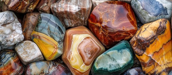 Poster - Colorful polished stones background for natural texture and design, ideal for wallpaper or artistic projects showcasing mineral diversity.