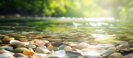 Canvas Print - Peaceful river with colorful smooth stones under clear water, surrounded by lush greenery and soft sunlight filtering through trees.