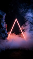 Wall Mural - Glowing Pink Neon Triangle in Purple Smoke and Dark Setting