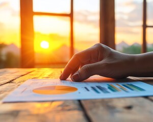 Poster - Golden Hour Business Aesthetic Hand Analyzing Financial Charts on Rustic Wooden Desk - Professional Consultation and Strategic Financial Planning for Corporate Solutions