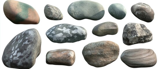 Poster - Variety of smooth geological rocks isolated on white background for use in design and natural-themed projects.