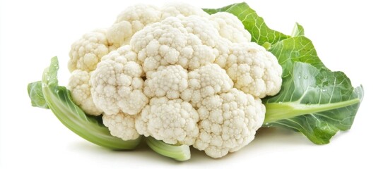 Romanesco cauliflower freshly harvested on white background showcasing its unique fractal pattern and vibrant green leaves.