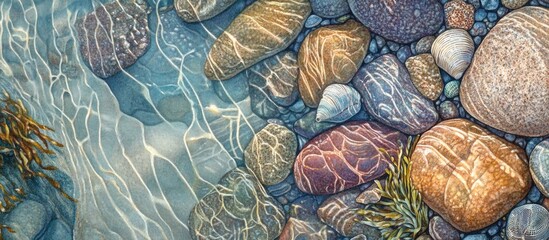 Poster - Detailed texture of colorful stones and water patterns in a serene rock pool environment showcasing nature's intricate beauty.