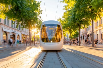 Aufkleber - Sleek Urban Mobility Modern Tram on Historic Cobblestone Street for Eco-Friendly City Transit Solutions - Enhancing Public Transport Infrastructure in Sustainable Urban Planning