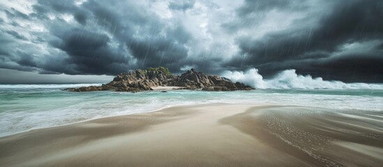 Canvas Print - Dramatic sandy beach scene featuring rugged rock island under ominous storm clouds and strong ocean waves crashing on shore.