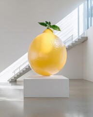 Leinwandbilder - Minimalist Playful Art Installation Oversized Lemon Sculpture in Bright White Gallery Space - Modern Quirky Design for Contemporary Art Exhibitions and Creative Marketing Displays