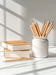 Leinwandbilder - Minimalist Educational Setup with Wooden Pencils and Hardcover Books on White Surface - Enhancing Classroom Aesthetics and Modern Learning Environment Design