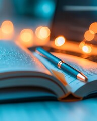 Poster - Modern Study Essentials Textbook with Highlights and Notes, Pen on Page, Laptop in Background - Academic Success Tools and Efficient Online Learning Strategies