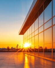 Aufkleber - Contemporary Glass Facade Banking Exterior Urban Architectural Elegance at Sunset - Corporate Infrastructure and Financial Branding with Reflective Design Aesthetics